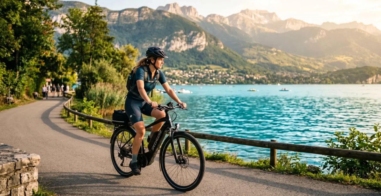 Cycliste sur vélo électrique roulant le long de la piste cyclable du lac d'Annecy avec le lac et les montagnes alpines en arrière-plan au coucher du soleil