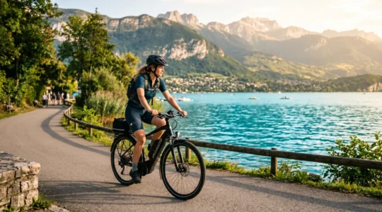 Cycliste sur vélo électrique roulant le long de la piste cyclable du lac d'Annecy avec le lac et les montagnes alpines en arrière-plan au coucher du soleil