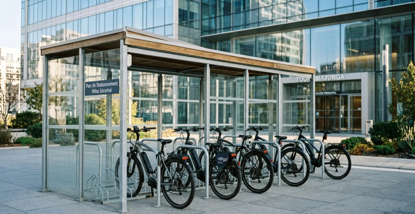 Parking vélo sécurisé en entreprise avec plusieurs vélos électriques alignés devant des bureaux modernes