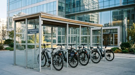 Parking vélo sécurisé en entreprise avec plusieurs vélos électriques alignés devant des bureaux modernes