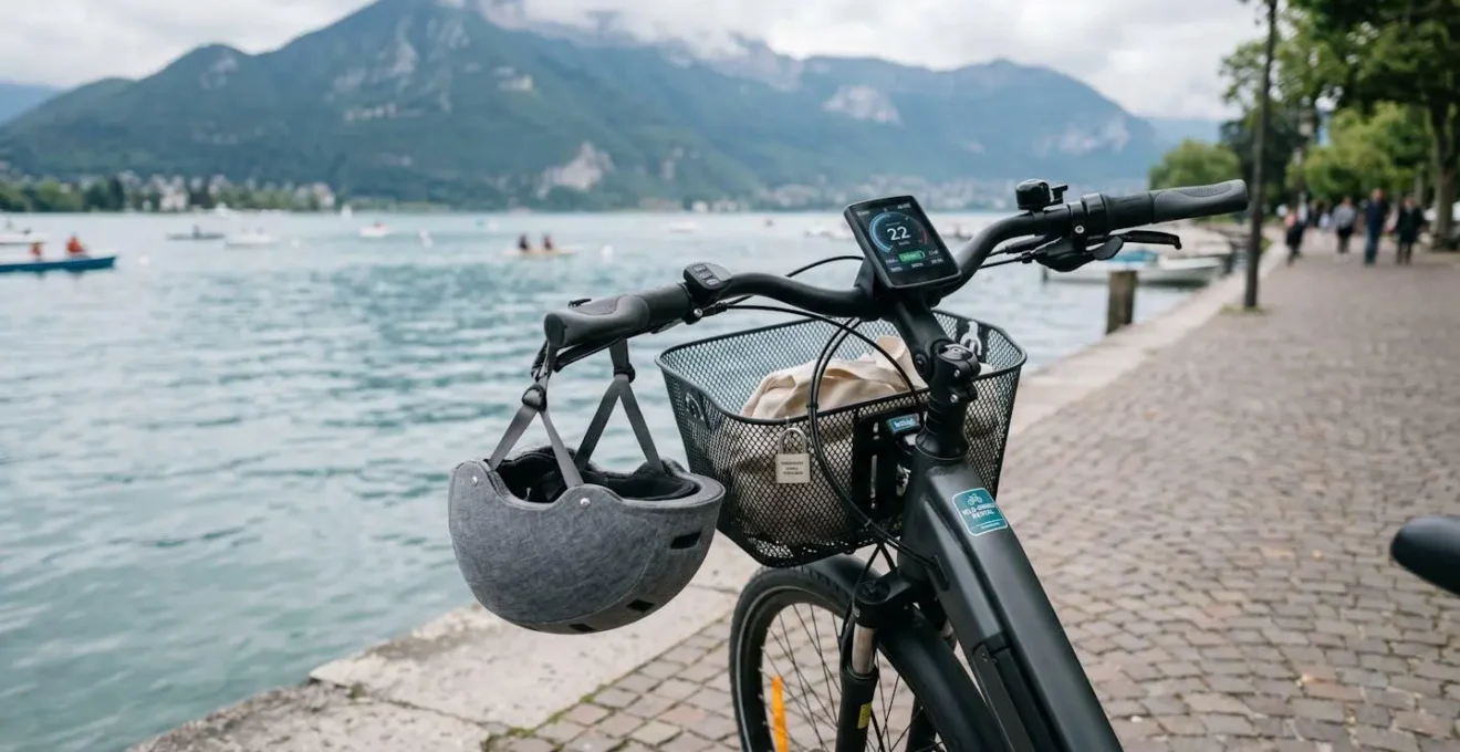 Vélo électrique de location moderne garé au bord du lac d'Annecy avec casque et panier fournis visibles sur le guidon