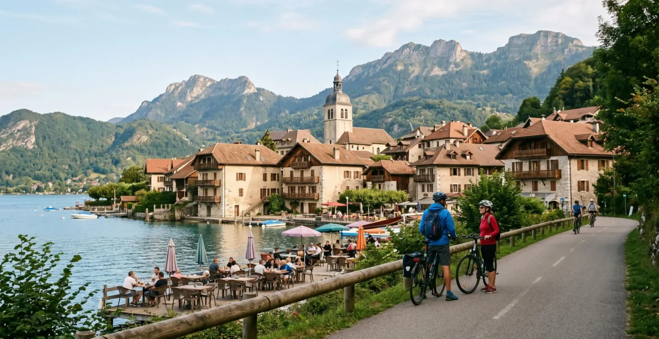 Village de Talloires au bord du lac d'Annecy vu depuis la piste cyclable avec son église et ses terrasses de café typiques